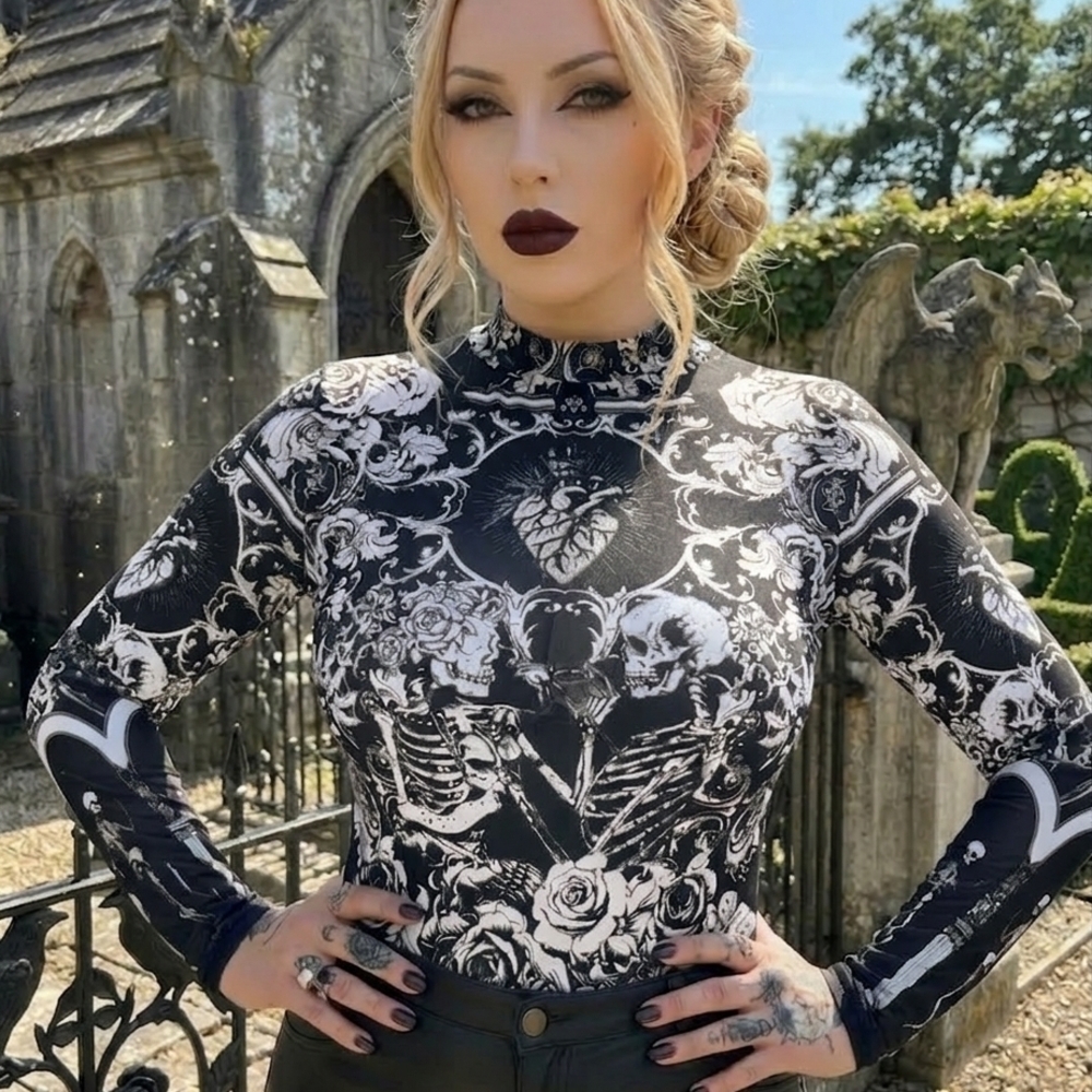 Black and White Skeleton Print Long Sleeve Top
